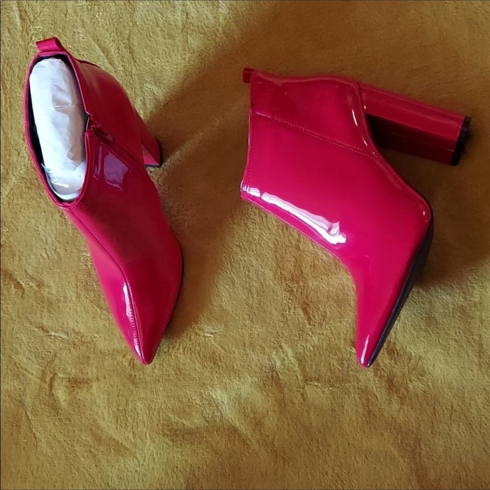Red patent leather pointed toe booties 8